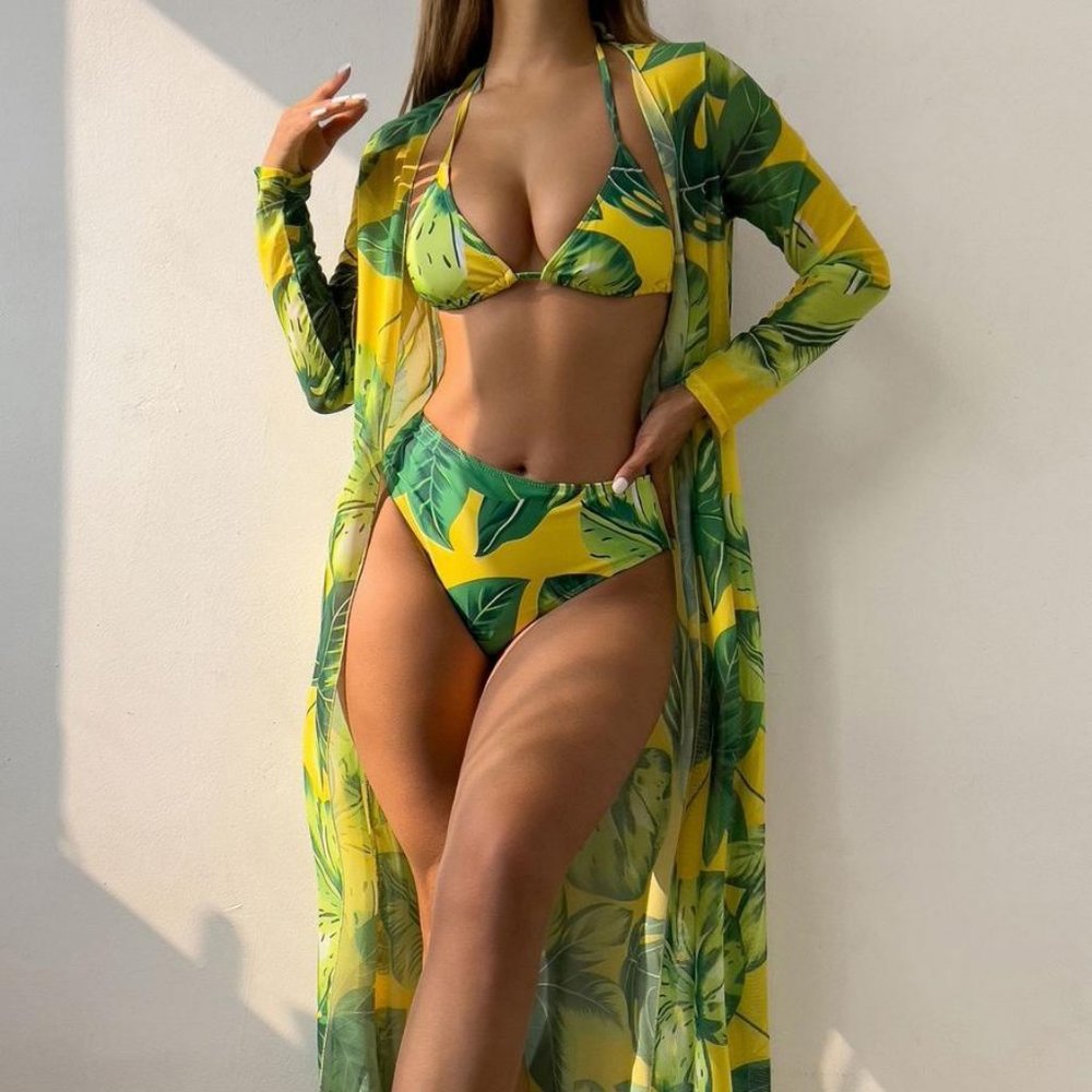 Sexy leaf printing padded halter-neck mesh cover-up three-piece swimsuit